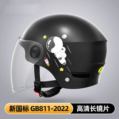 Khaki electric motorcycle half helmet with integrated glasses showing ABS construction and free size fit