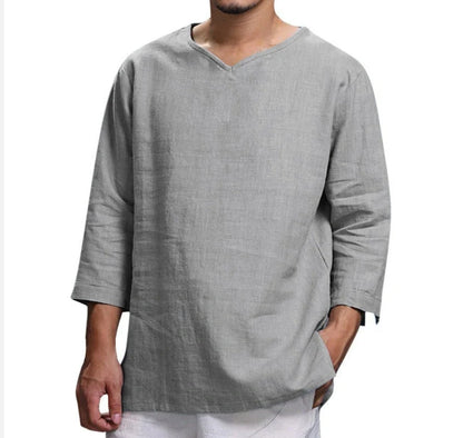 Men's loose V-neck cotton linen long sleeve shirt in various colors
