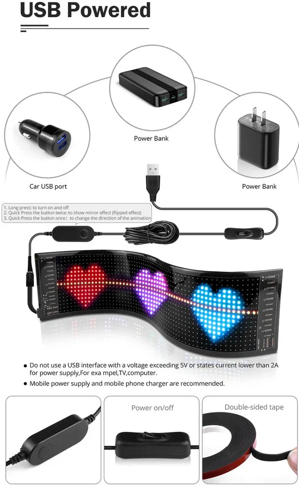 USB programmable LED pixel matrix soft screen displaying custom graphics with 16×192 resolution