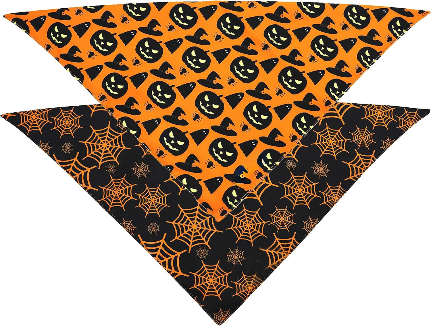 Black and orange reversible Halloween dog bandana with pumpkin and spider web print laid flat