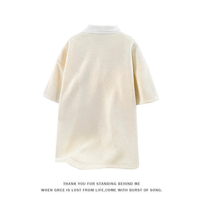 Men's heavy Henry collar polo shirt sweater in thin knit Spandex with padded detail, short sleeve pullover design