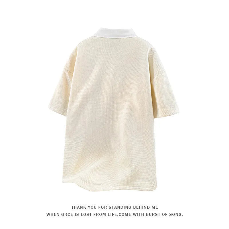 Men's Heavy Henry Collar Polo Shirt Sweater Short Sleeve Pullover in Spandex Thin Knit Fabric, Available in Black or Apricot Colours with Padded Detail, Sizes M through 5XL with Asian Fit Guidance