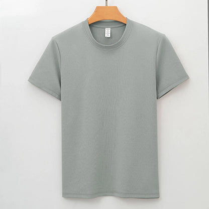 Men's solid colour antibacterial quick-dry short sleeve T-shirt on a hanger.