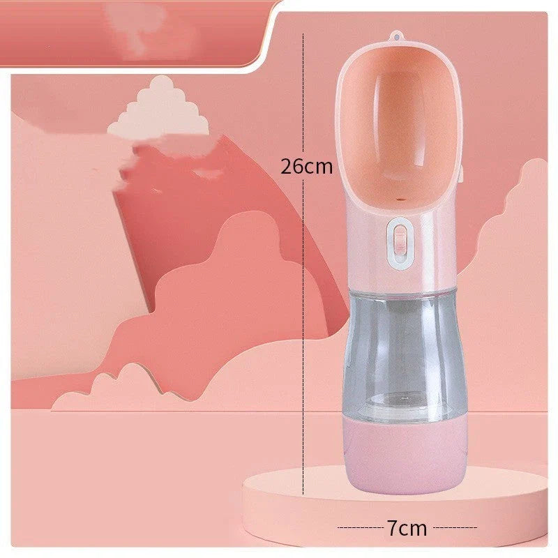 Portable pet water bottle and feeding bowl made of durable, BPA-free plastic with a leak-proof design and large opening for easy drinking and refilling