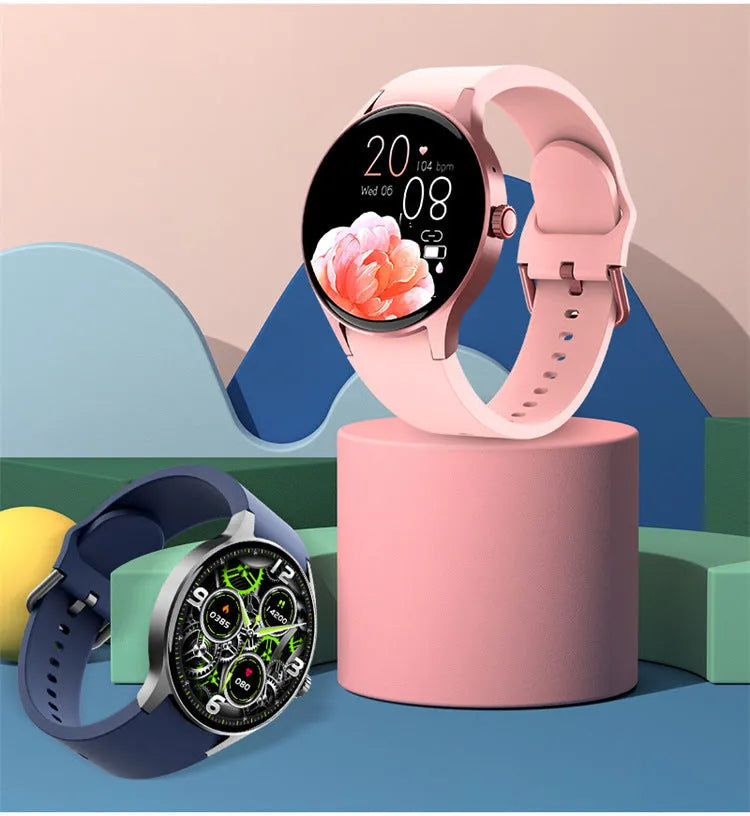Smart sport watch with round touch screen shown in multiple colour options.