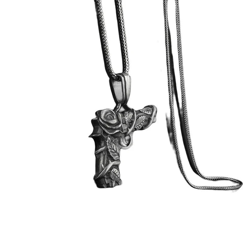 Men's black titanium steel gun and rose pendant necklace with square pearl chain