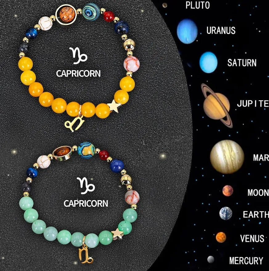 Two natural stone beaded bracelets with zodiac signs on adjustable cords, 8mm beads