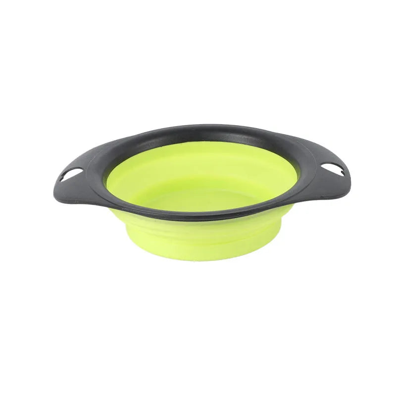 Collapsible silicone pet food bowl shown folded flat and unfolded, in green colour with non-slip base