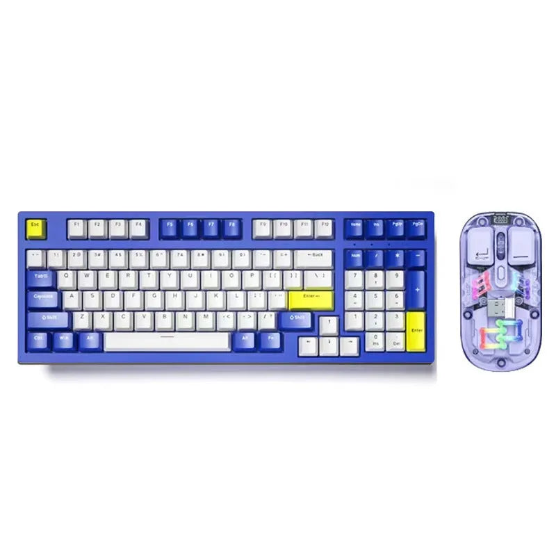 K98 mechanical keyboard and matching wireless mouse in a selected colour from the range on a desk.