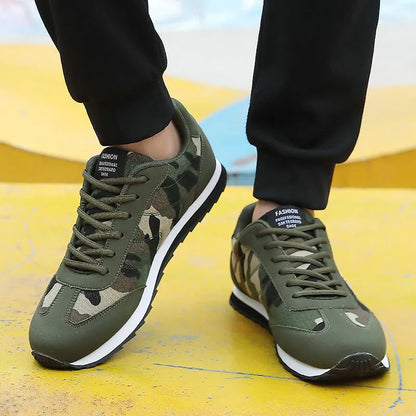 Camouflage pattern unisex sports running shoes showing suede upper and low-top design