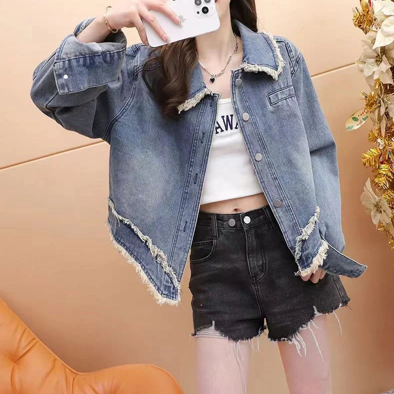 Blue short petite denim jacket with chenille fabric and long sleeves for women