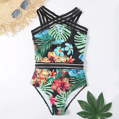 Women's one-piece printed bikini in black, white, and red flower patterns, waterproof and lightweight.