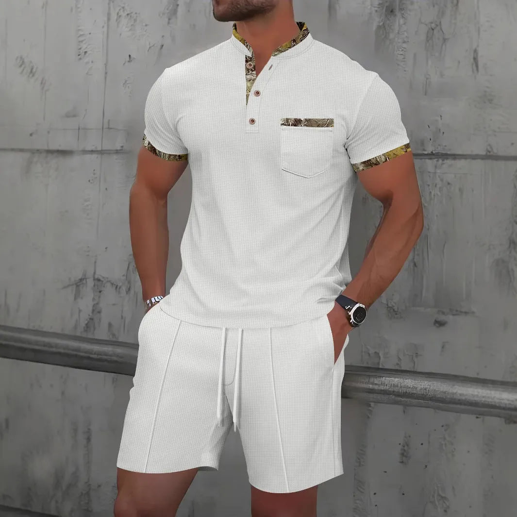 Men's grey waffle texture polo collar short sleeve suit with zipper and matching shorts for summer wear