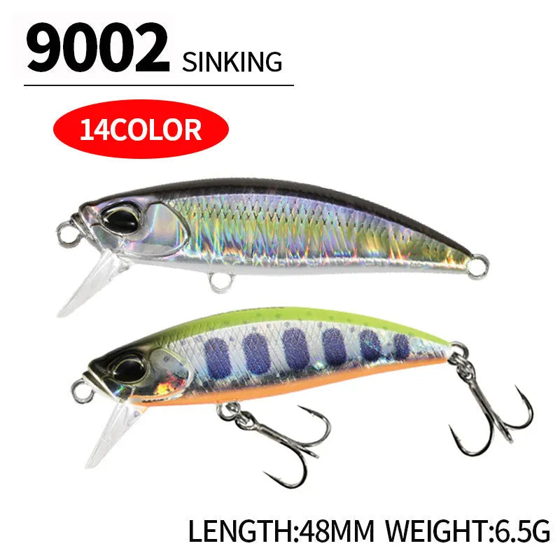 Japanese fishing lure with submerged mino design, 48mm length, 6.5g weight, shown in multiple colour variations