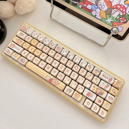 EOA height PBT keycap set with 140 pieces showing rabbit bear restaurant design applied through thermal sublimation process