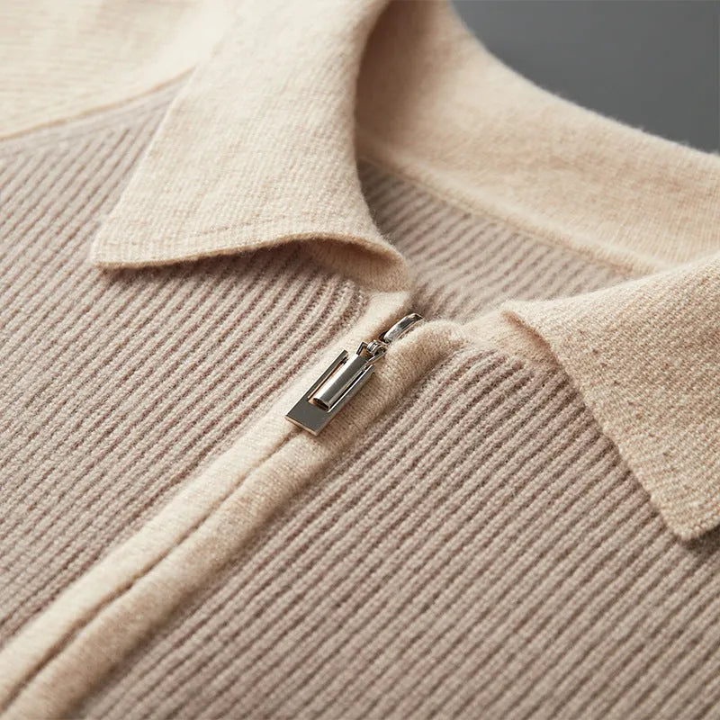Men's wheat camel half zip wool sweater with contrast lapels, slim fit winter pullover