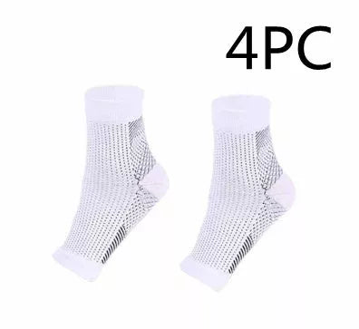Anti-fatigue compression foot sleeves for men and women in black, red, and white