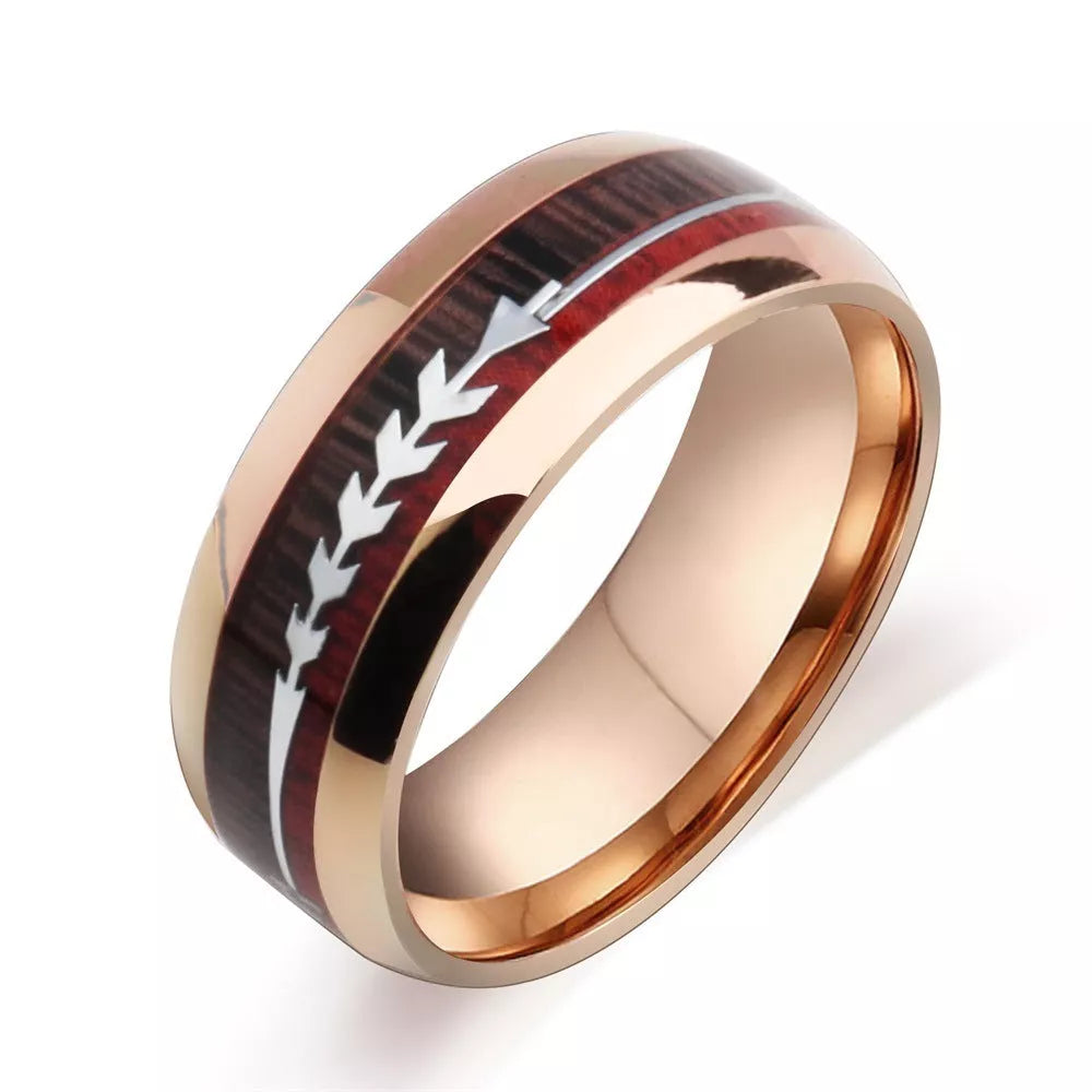 Stainless Steel Wood Grain Arrow Inlaid Ring for Men in black, rose gold, and silver