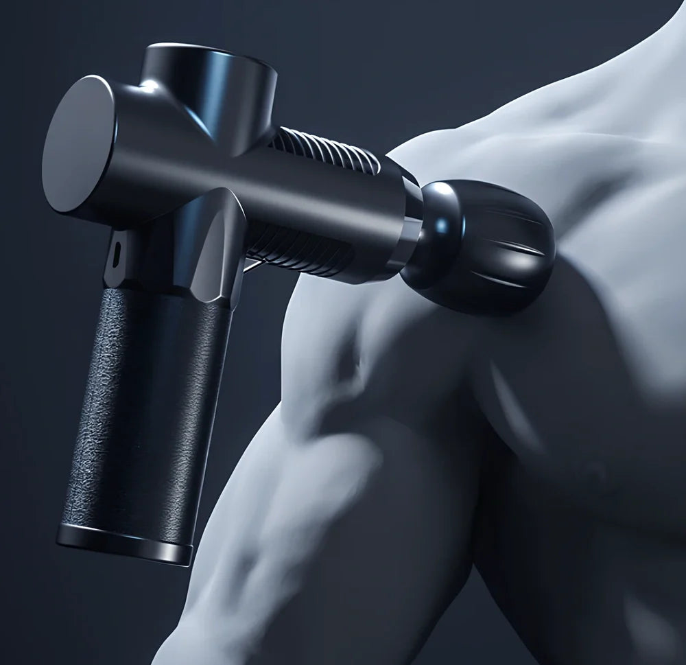 Black portable fascia massage gun with USB charging port and compact 23cm design for muscle recovery