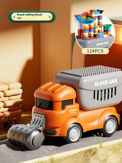 Large particle dinosaur building blocks on wheels for 4-6 year old children with complete vehicle assembly