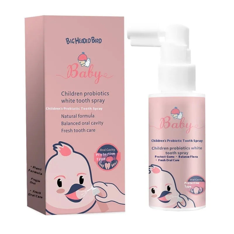 40ml bottle of children's probiotic oral spray for white teeth and cavity prevention in strawberry or orange flavour