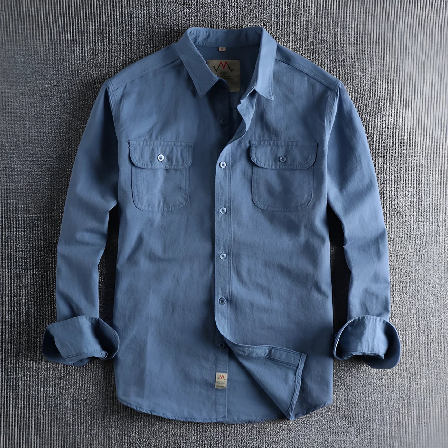 Men's light blue cotton cardigan-style long sleeve casual shirt on a hanger