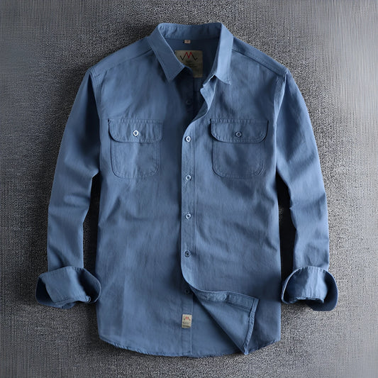 Men's light blue cotton cardigan-style long sleeve casual shirt on a hanger