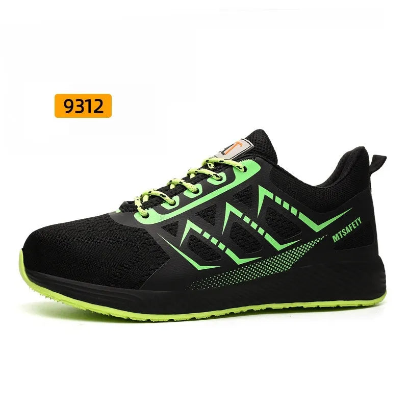 Black ultra-light labour protection safety shoes with steel toe cap and lace-up front.