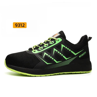 Black ultra-light labour protection safety shoes with steel toe cap and lace-up front.