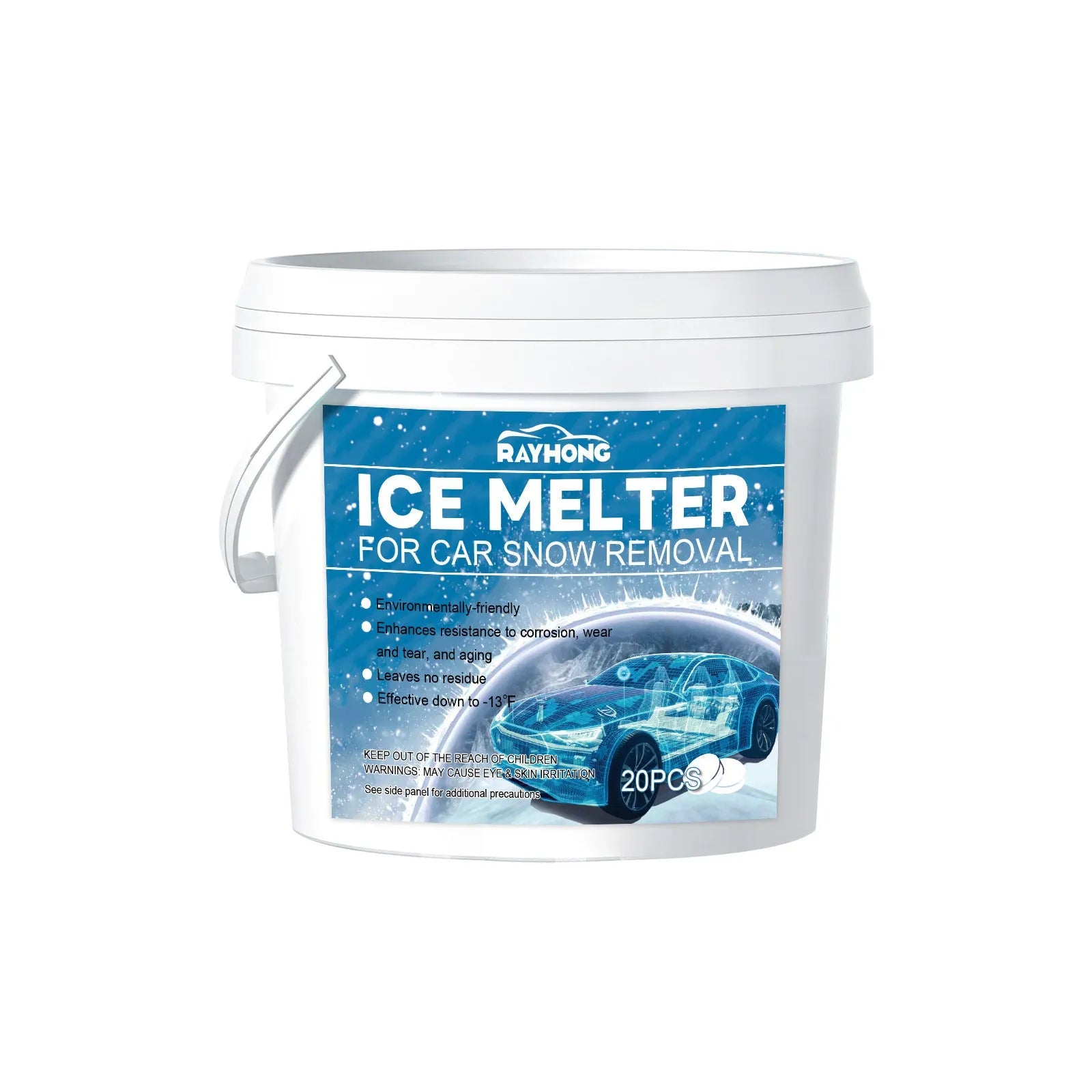 Pack of 20 car windscreen deicing effervescent tablets on a frozen car window