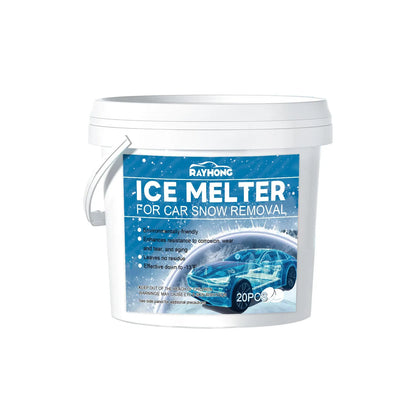 Pack of 20 car windscreen deicing effervescent tablets on a frozen car window