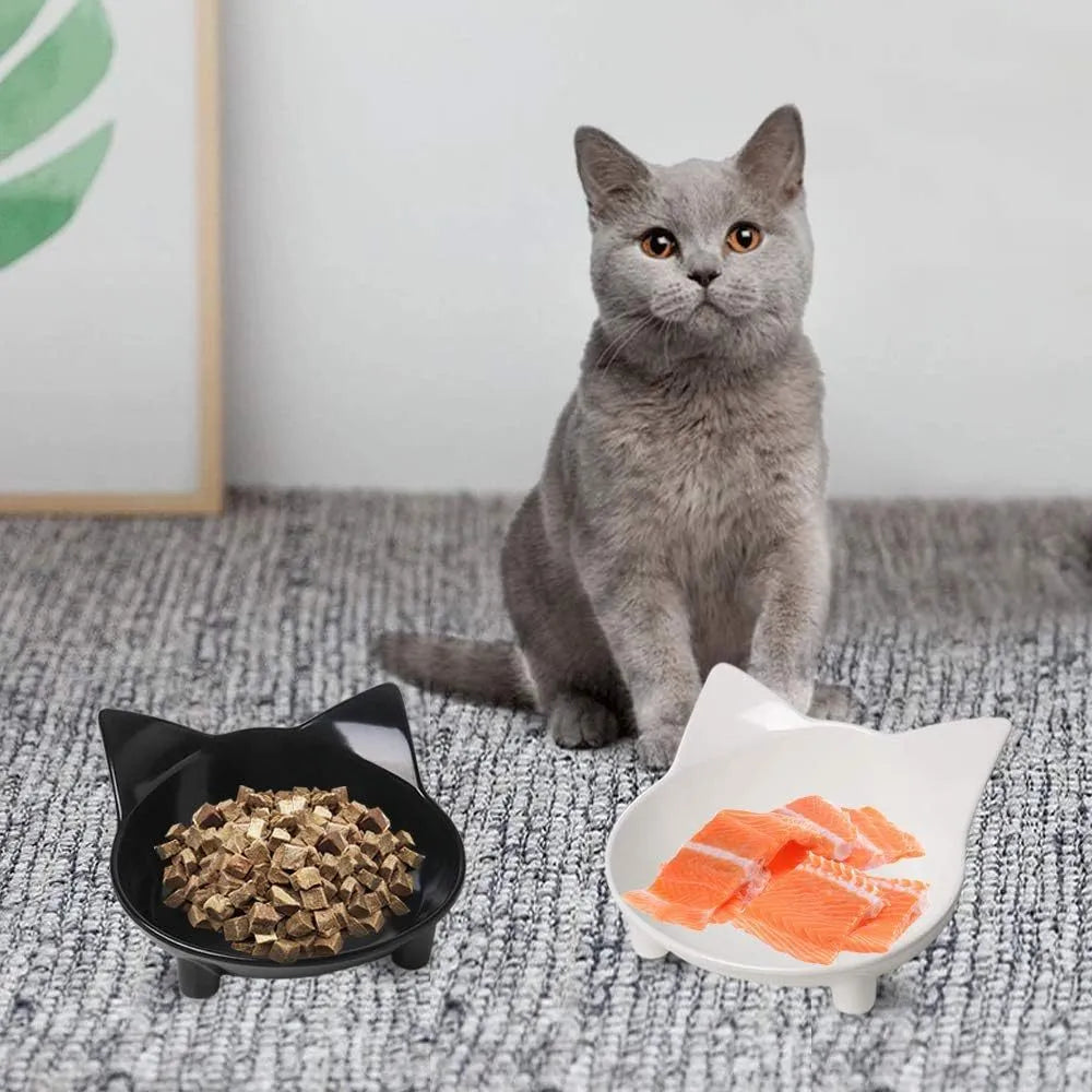 White shallow melamine cat bowl with non-slip black rubber base on a wooden floor.