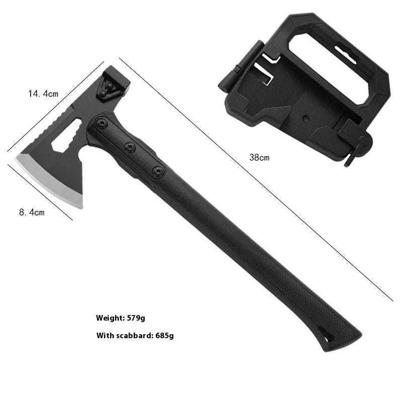Stainless steel camping survival axe with ABS handle measuring 40cm by 15cm