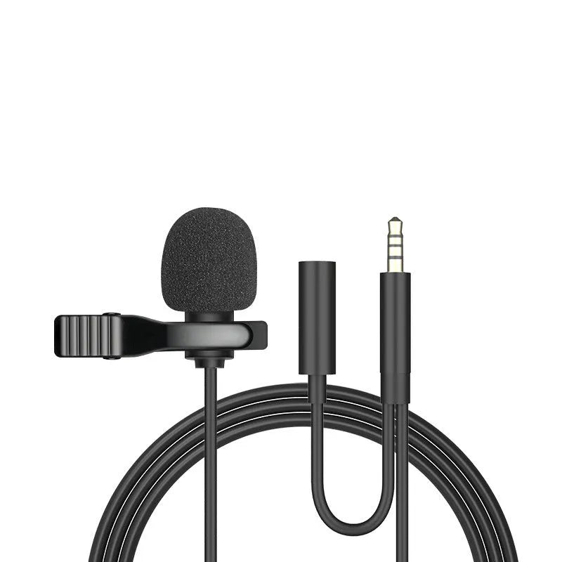 Wired lavalier microphone with clip and in-ear headphones for iPhone and 3.5mm devices.