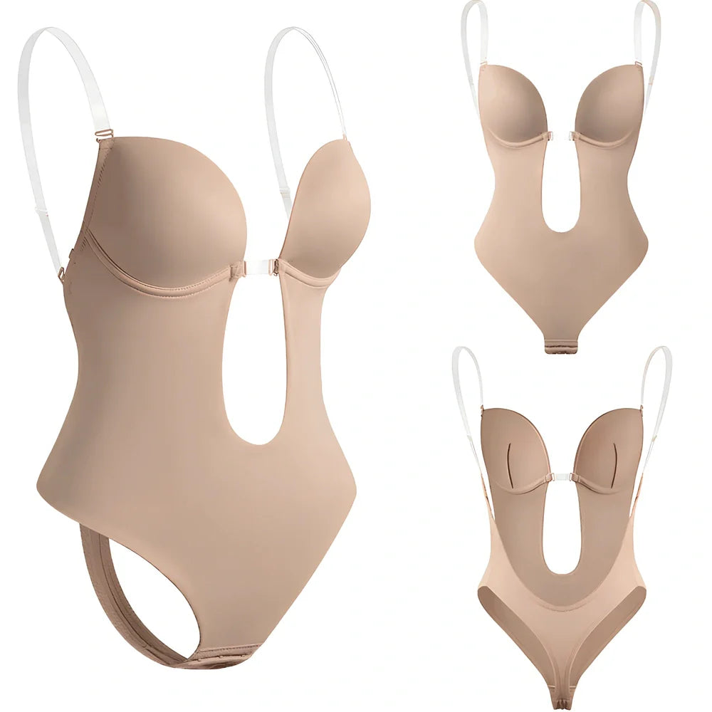 Black spandex body shaping dress with deep V back design and stomach compression