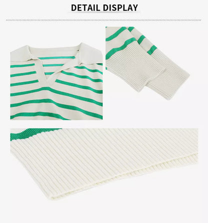 Women's striped long sleeve pullover sweater in black, wine red, green, and blue