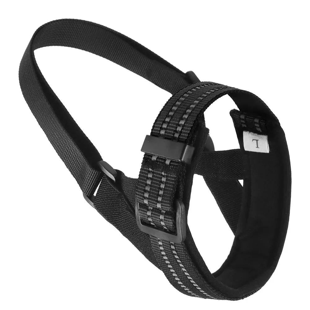 Adjustable black basket dog muzzle with reflective strips on a medium-sized dog