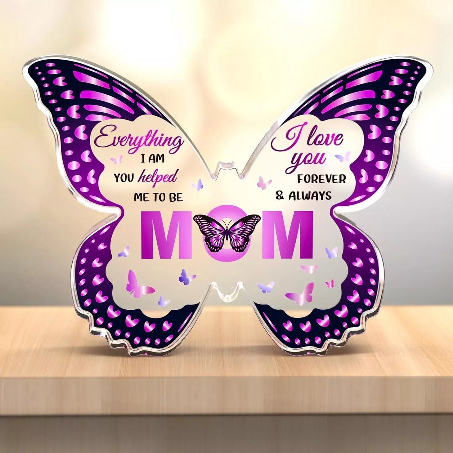 Butterfly-shaped acrylic keepsake with purple wing patterns and personalized message