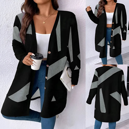 Black loose plus size cardigan with button stitching on the front.