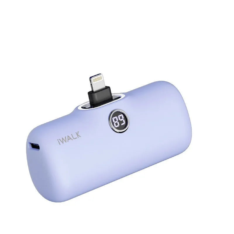 Compact lipstick-style power bank showing screen display with battery percentage, measuring 78mm x 51mm x 25mm