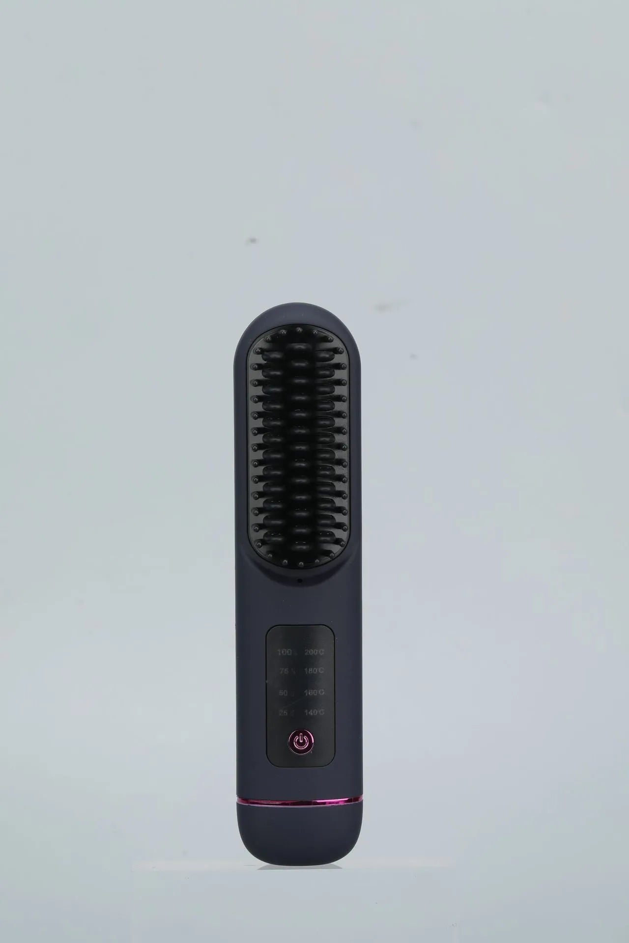 White portable negative ion hair comb on a wooden surface, showing its sleek ABS plastic body and teeth.