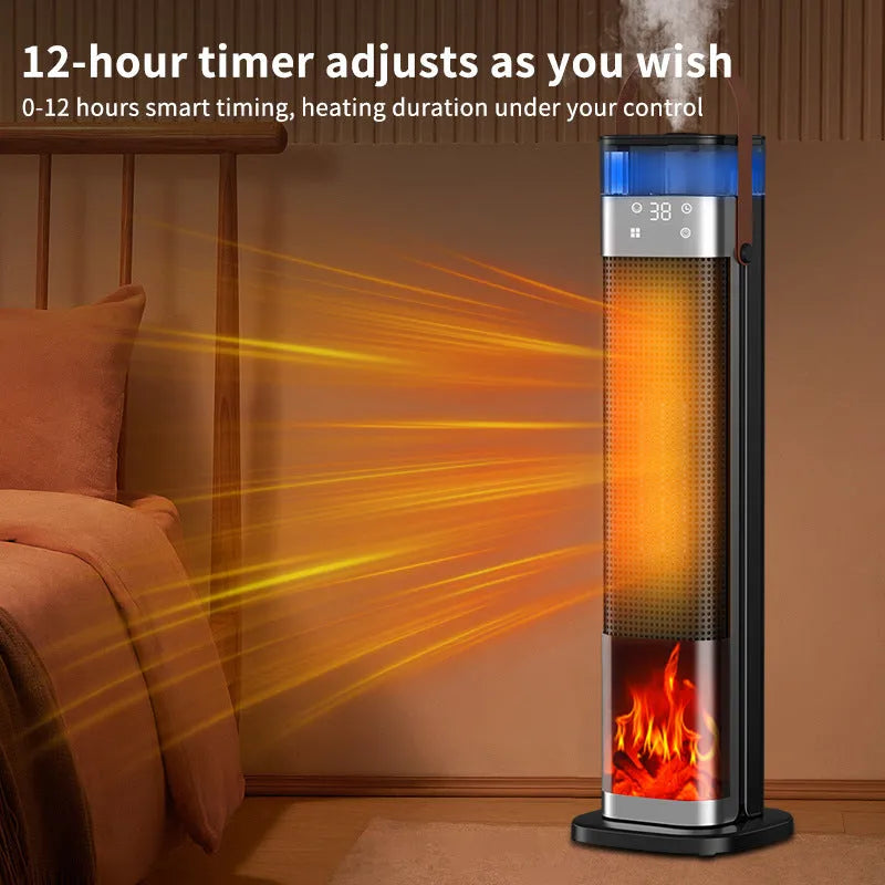 Intelligent vertical heater with humidification function, remote control, and compact design measuring 16x16x52.6 cm