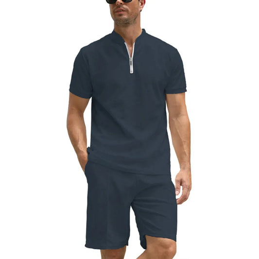 Men's solid colour polo shirt suit set with short sleeves, showing top and trousers in beaded bird's eye fabric