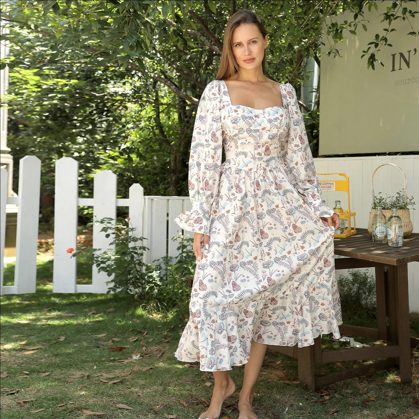 Women's Floral Square Neck Long Sleeve Dress for elegant and comfortable wear