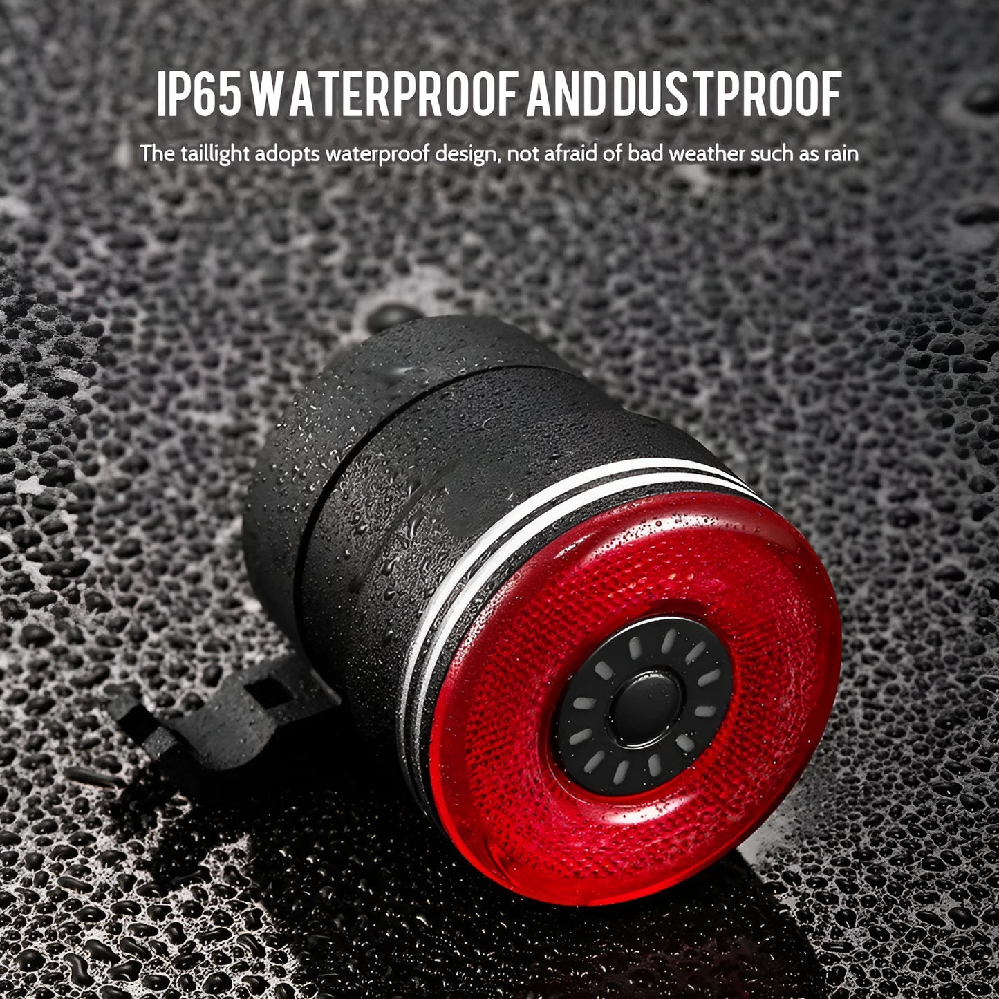 Black aluminium alloy bicycle taillight measuring 35x39x58mm with USB charging port and brake sensing technology