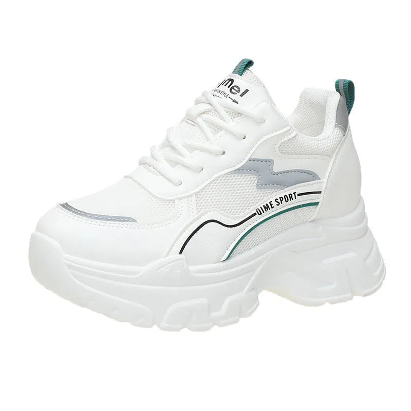 Women's white and beige height increasing dad shoes with lace-up front and rubber sole
