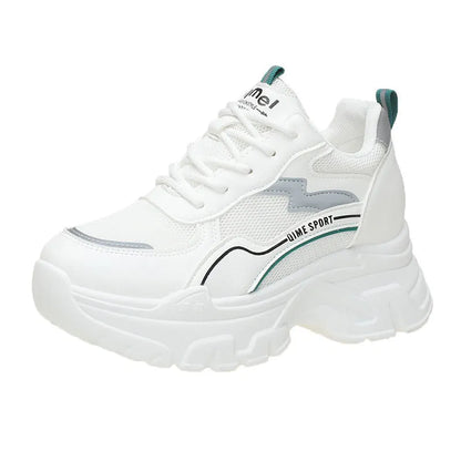 Women's white and beige height increasing dad shoes with lace-up front and rubber sole