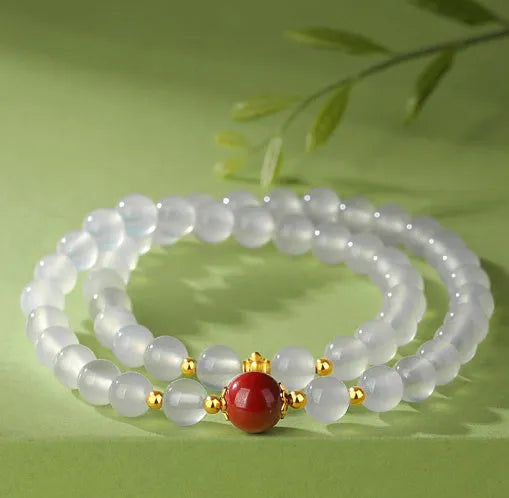 White agate double layer women's bracelet with 6mm geometrical beads and polished finish