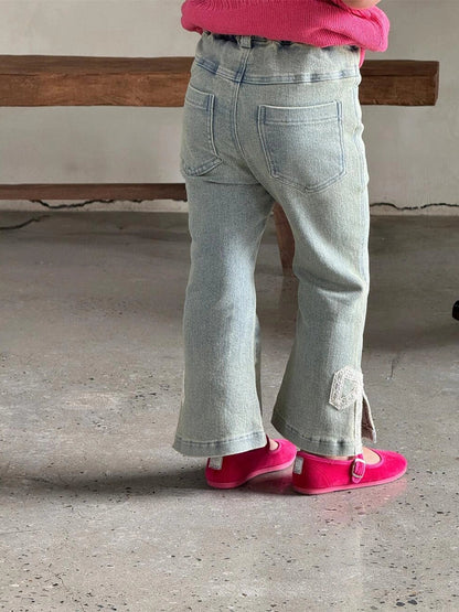 Vintage elastic lace bow bell-bottom pants for children with adjustable hair band belt and 100% cotton denim