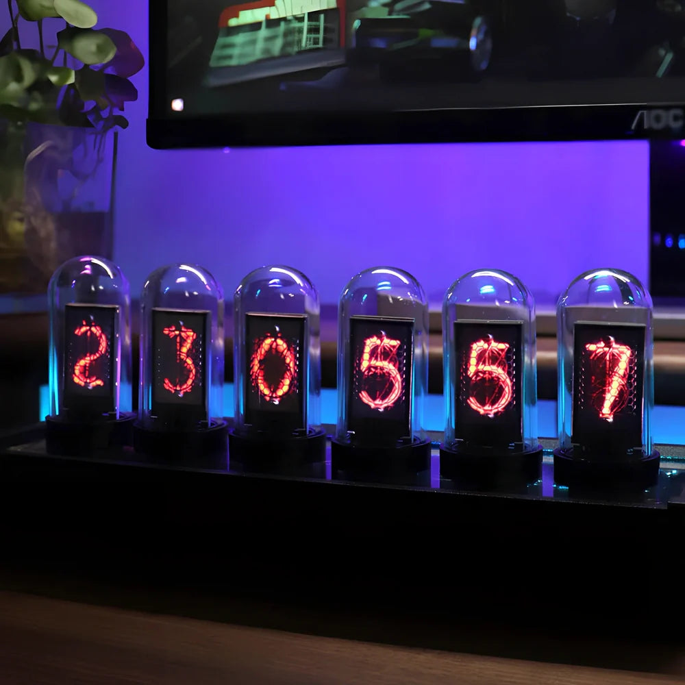 Creative LED nixie tube table clock on black walnut base, glass shell with metal dial, USB powered digital display